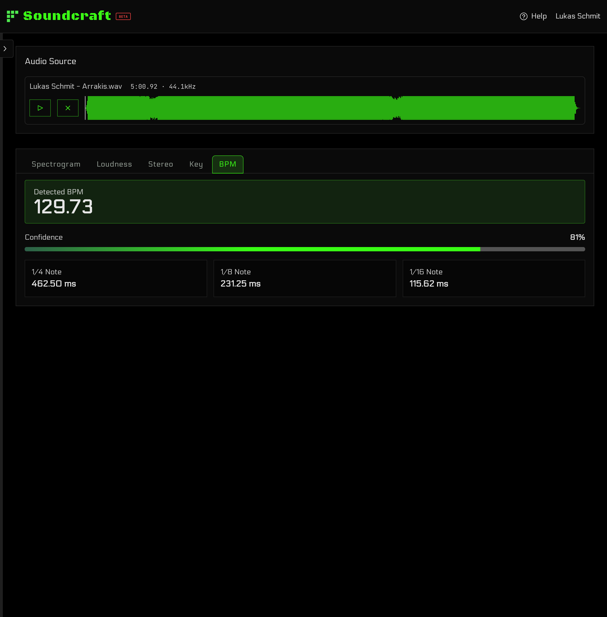Soundcraft Soundscope BPM detection view